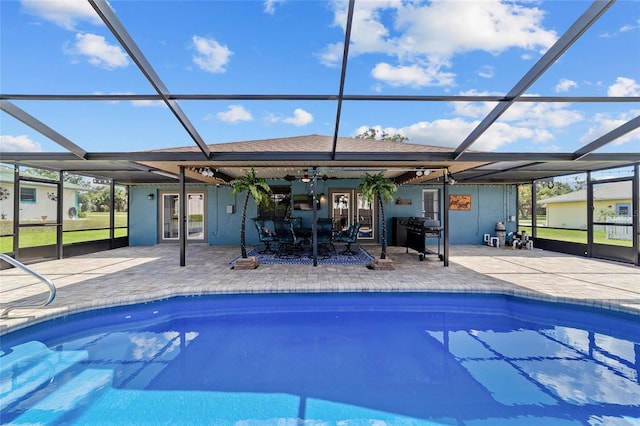 501 Marion Oaks Dr, Ocala, FL 34473 - outdoor pool featuring a patio, a lanai, area for grilling, french doors, and a ceiling fan