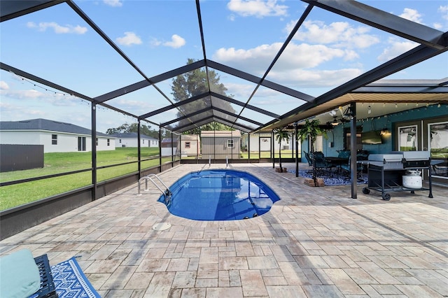 501 Marion Oaks Dr, Ocala, FL 34473 - outdoor pool with a patio area, a lawn, glass enclosure, and grilling area