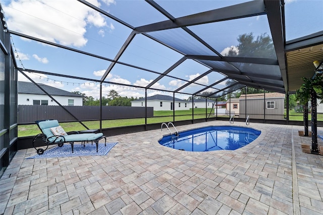 501 Marion Oaks Dr, Ocala, FL 34473 - outdoor pool featuring a patio area, a shed, and glass enclosure