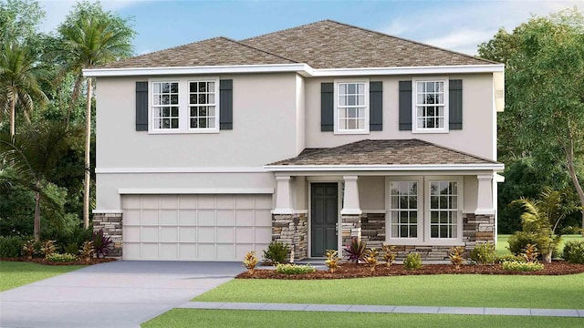 4269 SW 54th Street Rd, Ocala, FL 34474 - view of front of home featuring stone siding, stucco siding, an attached garage, concrete driveway, and a front lawn
