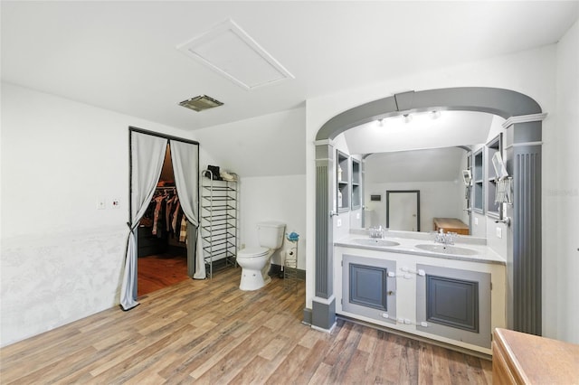5693 Payette Ave, Keystone Heights, FL 32656 - bathroom featuring wood finished floors, double vanity, a spacious closet, and vaulted ceiling