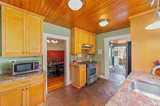 114 NE 11th Ave, Ocala, FL 34470 - kitchen with stainless steel appliances, under cabinet range hood, wooden ceiling, stone tile flooring, and light stone counters