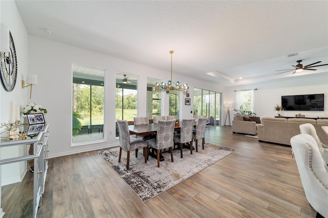 9746 SW 108th Terrace Rd, Ocala, FL 34481 - dining area featuring a ceiling fan, a chandelier, wood finished floors, and a tray ceiling