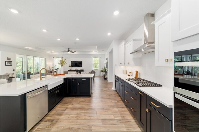 9746 SW 108th Terrace Rd, Ocala, FL 34481 - kitchen with appliances with stainless steel finishes, wall chimney exhaust hood, open floor plan, white cabinets, and light countertops