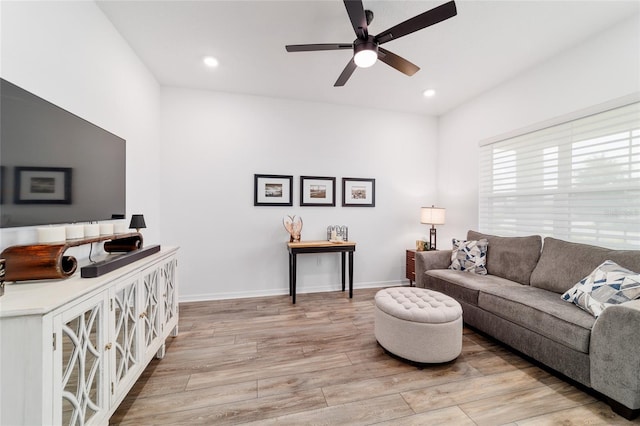 9746 SW 108th Terrace Rd, Ocala, FL 34481 - living area with light wood finished floors, a ceiling fan, and recessed lighting