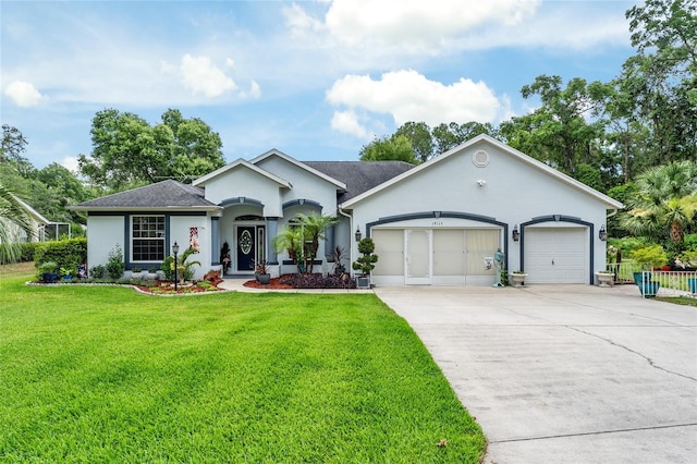 19115 SW 98th Loop, Dunnellon, FL 34432 - single story home with concrete driveway, an attached garage, a front lawn, and stucco siding