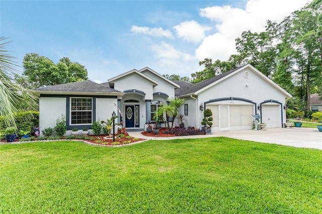 19115 SW 98th Loop, Dunnellon, FL 34432 - ranch-style home featuring stucco siding, an attached garage, concrete driveway, a front yard, and roof with shingles