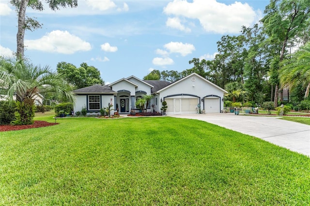 19115 SW 98th Loop, Dunnellon, FL 34432 - ranch-style house with stucco siding, driveway, a garage, and a front lawn