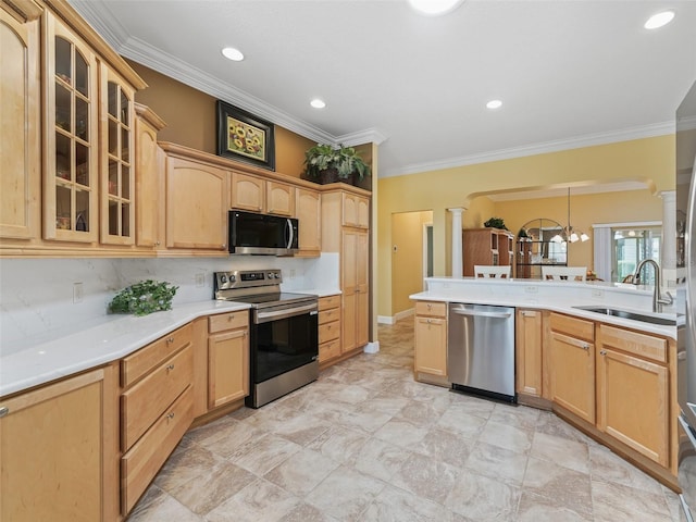 2721 Day Lily Run, The Villages, FL 32162 - kitchen featuring appliances with stainless steel finishes, decorative columns, glass insert cabinets, ornamental molding, and light countertops