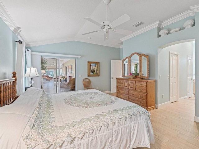 2721 Day Lily Run, The Villages, FL 32162 - bedroom with light wood-style flooring, ornamental molding, lofted ceiling, and ceiling fan