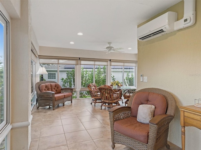 2721 Day Lily Run, The Villages, FL 32162 - sunroom / solarium featuring a wall mounted air conditioner, plenty of natural light, tile patterned flooring, and recessed lighting