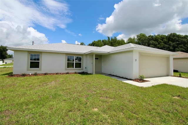 9 Hemlock Terrace Ln, Ocala, FL 34472 - ranch-style house with an attached garage, driveway, a front lawn, and stucco siding