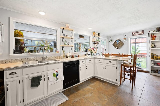 581 NE 44th Ave, Ocala, FL 34470 - kitchen featuring dishwasher, open shelves, white cabinetry, a peninsula, and light stone countertops
