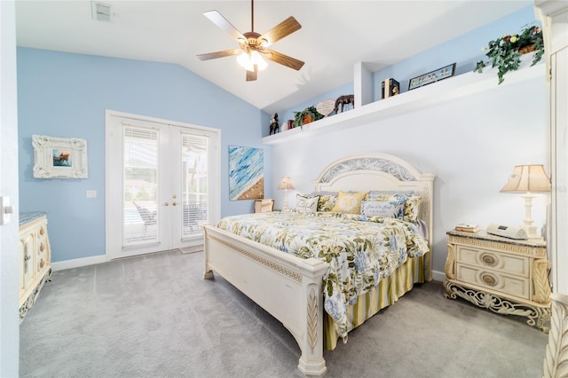 3629 SE 54th Ave, Ocala, FL 34480 - bedroom with french doors, access to outside, light colored carpet, vaulted ceiling, and a ceiling fan