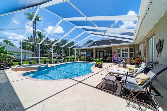 3629 SE 54th Ave, Ocala, FL 34480 - view of swimming pool with a patio area, ceiling fan, a pool with connected hot tub, and glass enclosure