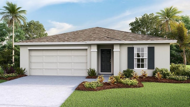 13267 SW 56th Ter, Ocala, FL 34473 - ranch-style home with concrete driveway, stucco siding, a front yard, a garage, and a shingled roof