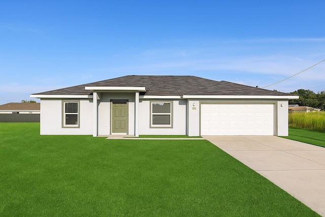 146 Juniper Loop Cir, Ocala, FL 34480 - view of front of house with a front yard, driveway, stucco siding, and roof with shingles
