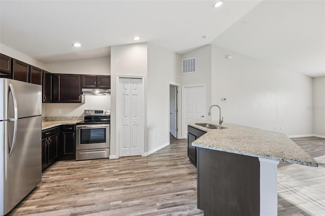 146 Juniper Loop Cir, Ocala, FL 34480 - kitchen featuring appliances with stainless steel finishes, lofted ceiling, under cabinet range hood, light wood-style flooring, and light stone counters