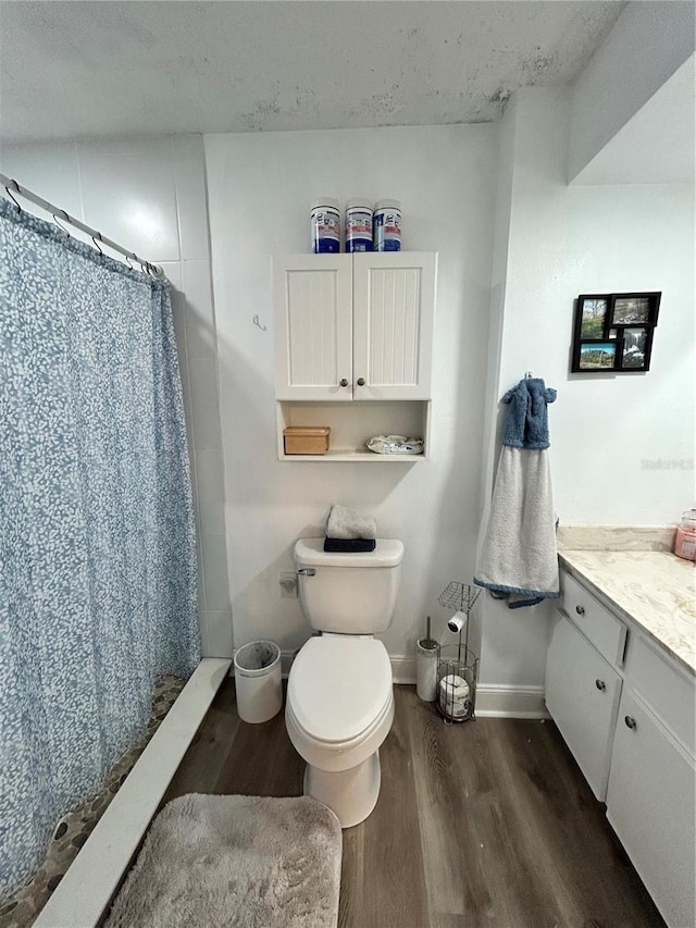2070 SE 50th Ter, Ocala, FL 34480 - bathroom featuring wood finished floors, vanity, a shower with shower curtain, and a textured ceiling