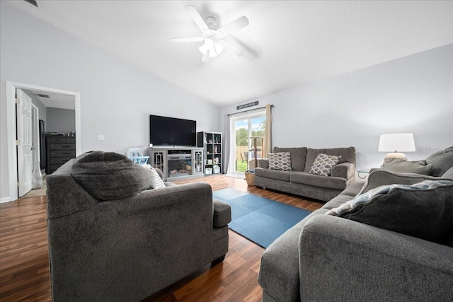 3946 SW 133rd Loop, Ocala, FL 34473 - living room with lofted ceiling, ceiling fan, and dark wood-style floors
