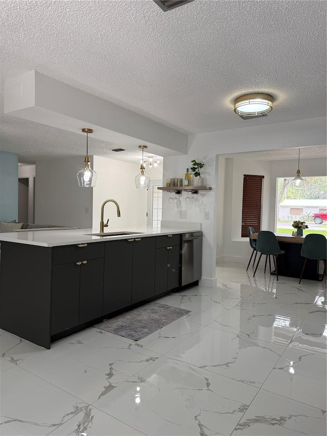 3585 N Hiawatha Ter, Crystal River, FL 34428 - kitchen with stainless steel dishwasher, a textured ceiling, dark cabinets, light countertops, and decorative light fixtures