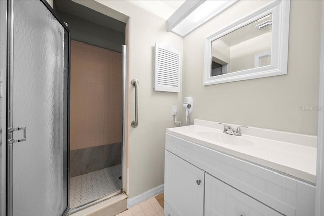 3520 NW 46th Ter, Gainesville, FL 32606 - bathroom featuring a shower stall, vanity, and tile patterned flooring