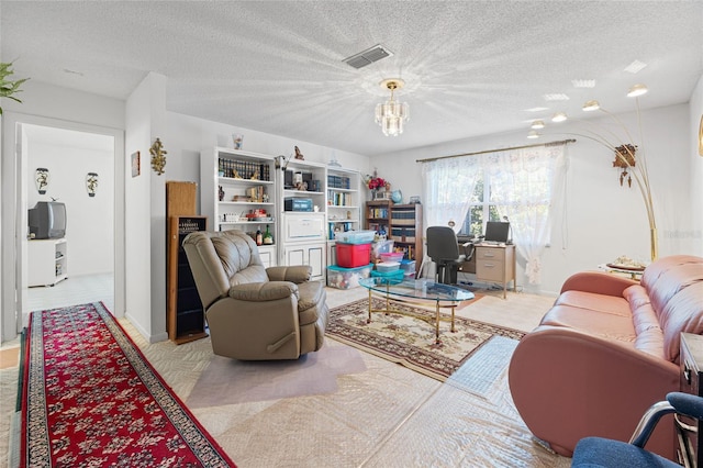6 Emerald Crse, Ocala, FL 34472 - living area with an office area, a chandelier, a textured ceiling, and light carpet