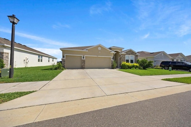 5833 SW 85th Pl, Ocala, FL 34476 - view of front facade featuring an attached garage, stone siding, concrete driveway, and a front lawn