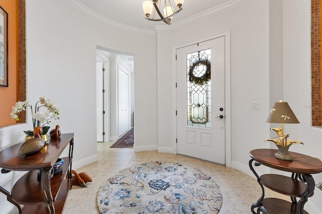5233 Fountain Walk, Lady Lake, FL 32159 - foyer featuring light tile patterned flooring, a chandelier, and ornamental molding