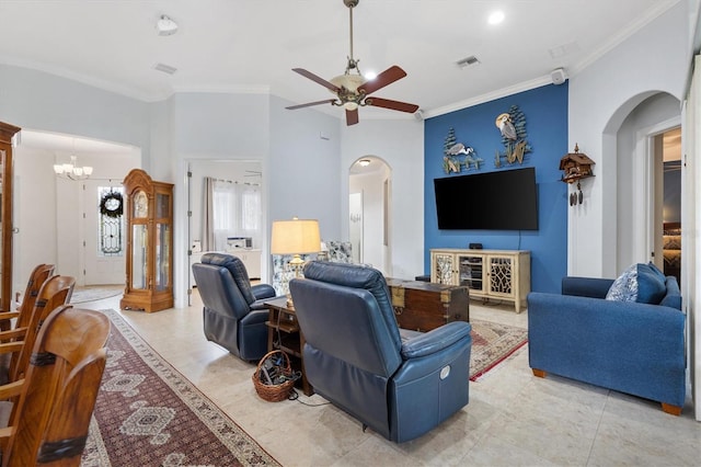 5233 Fountain Walk, Lady Lake, FL 32159 - living room featuring arched walkways, ceiling fan, crown molding, and a chandelier
