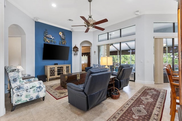 5233 Fountain Walk, Lady Lake, FL 32159 - living room featuring arched walkways, ceiling fan, crown molding, and recessed lighting