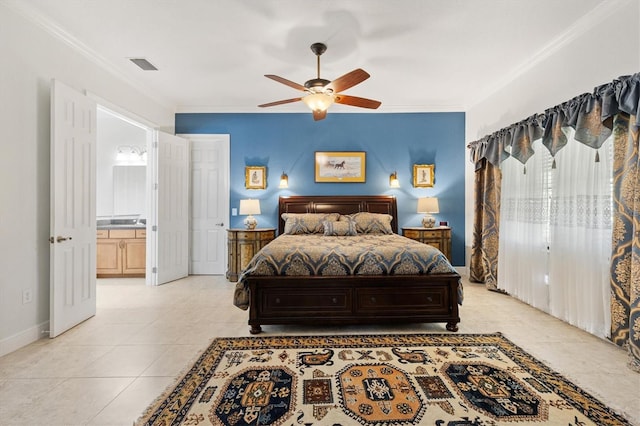 5233 Fountain Walk, Lady Lake, FL 32159 - bedroom featuring ornamental molding, a ceiling fan, connected bathroom, and light tile patterned floors