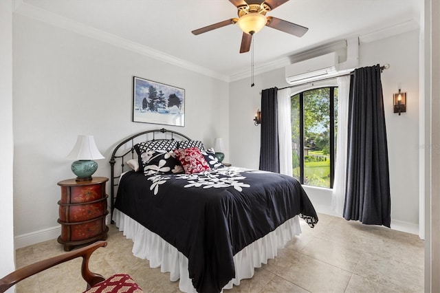 5233 Fountain Walk, Lady Lake, FL 32159 - bedroom featuring a wall mounted AC, ornamental molding, ceiling fan, and light tile patterned floors