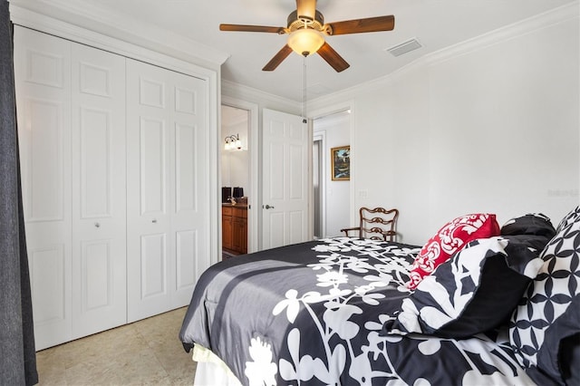 5233 Fountain Walk, Lady Lake, FL 32159 - tiled bedroom with a closet, crown molding, and a ceiling fan