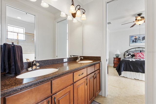 5233 Fountain Walk, Lady Lake, FL 32159 - full bath with crown molding, double vanity, a ceiling fan, connected bathroom, and tile patterned flooring