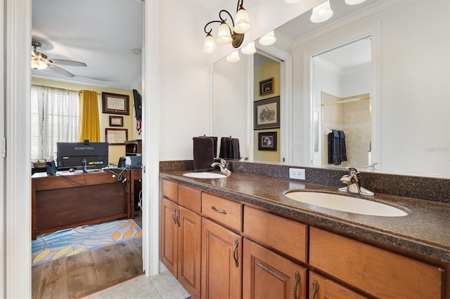 5233 Fountain Walk, Lady Lake, FL 32159 - full bath with crown molding, double vanity, ceiling fan, and a shower with shower curtain