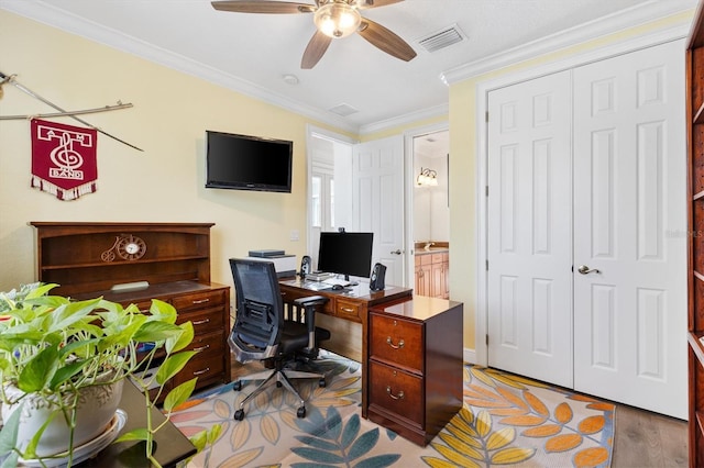 5233 Fountain Walk, Lady Lake, FL 32159 - office with ceiling fan, ornamental molding, and light wood-type flooring