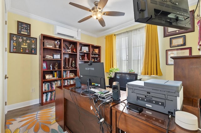 5233 Fountain Walk, Lady Lake, FL 32159 - office area with a wall mounted AC, wood finished floors, ceiling fan, and ornamental molding