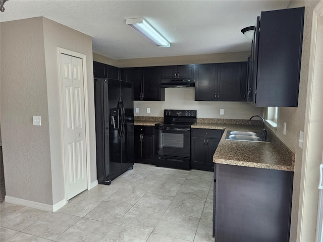 2494 SW 170th Loop, Ocala, FL 34473 - kitchen with black appliances, ventilation hood, light tile patterned floors, a textured wall, and dark cabinets