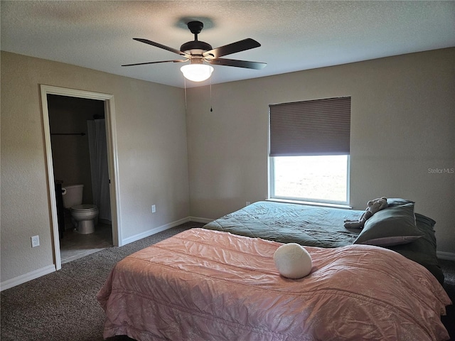 2494 SW 170th Loop, Ocala, FL 34473 - carpeted bedroom with a textured ceiling, connected bathroom, and ceiling fan