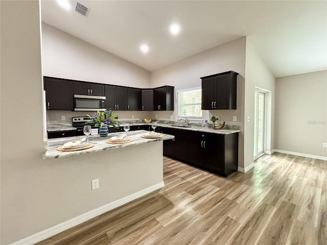 6431 SW 145th Lane Rd, Ocala, FL 34473 - kitchen featuring stainless steel appliances, light wood-style floors, high vaulted ceiling, and dark cabinetry
