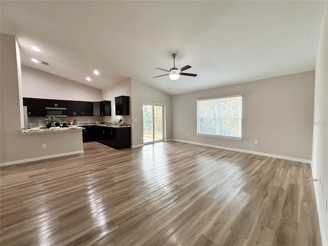 6431 SW 145th Lane Rd, Ocala, FL 34473 - unfurnished living room featuring lofted ceiling, a ceiling fan, light wood finished floors, and recessed lighting