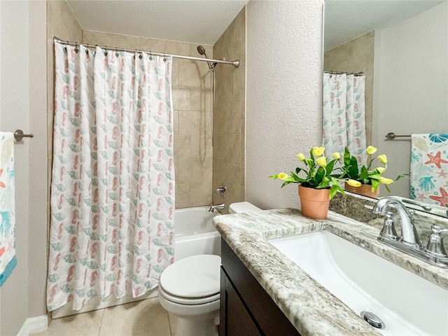 6431 SW 145th Lane Rd, Ocala, FL 34473 - bathroom with vanity, a textured wall, shower / bath combo, tile patterned floors, and a textured ceiling