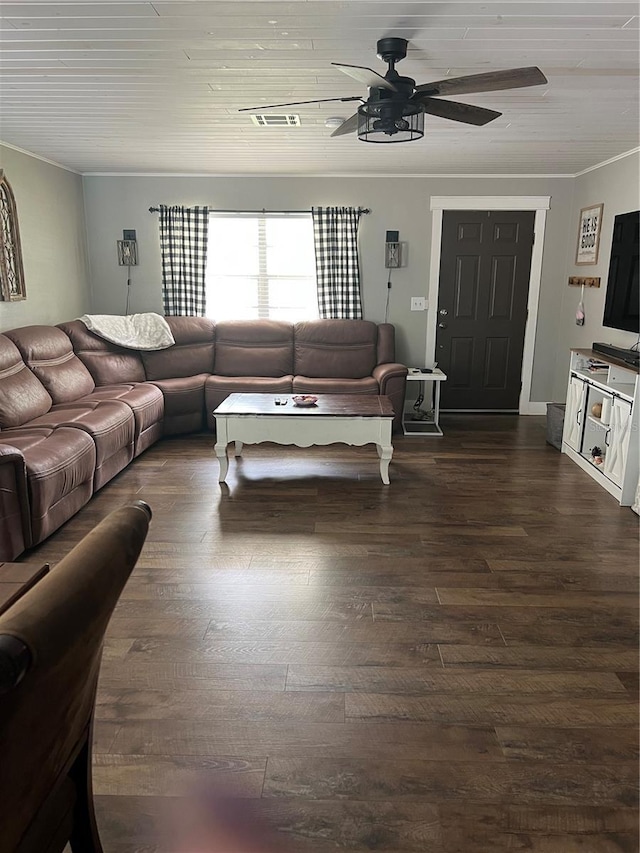 5561 NE 5th Pl, Ocala, FL 34470 - living area featuring a ceiling fan, dark wood-style floors, and ornamental molding
