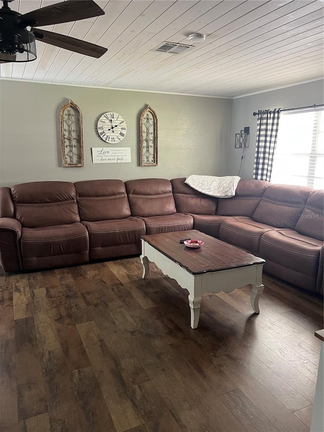 5561 NE 5th Pl, Ocala, FL 34470 - living room with wood ceiling, hardwood / wood-style floors, and ceiling fan