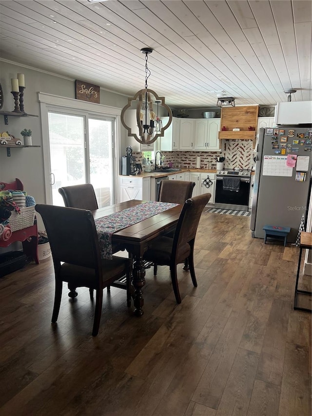 5561 NE 5th Pl, Ocala, FL 34470 - dining area featuring a chandelier, dark wood-type flooring, and wooden ceiling