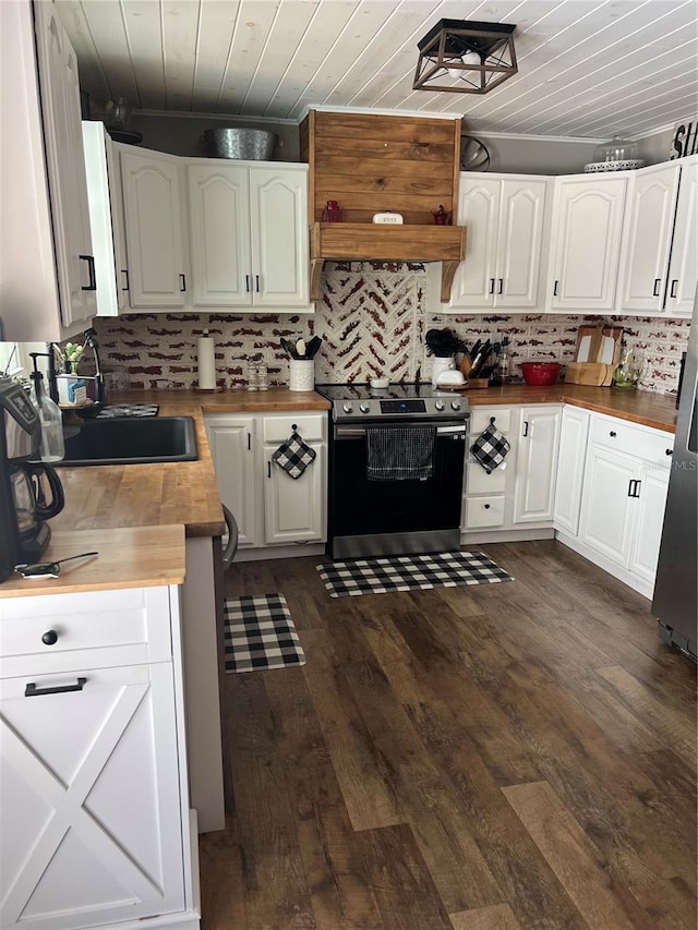 5561 NE 5th Pl, Ocala, FL 34470 - kitchen featuring stainless steel electric range, wood counters, wooden ceiling, white cabinets, and tasteful backsplash