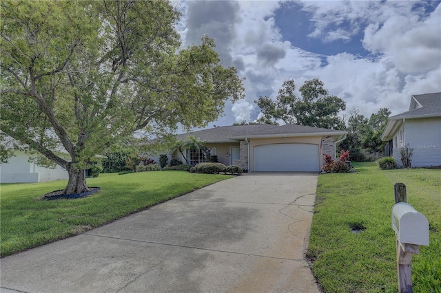 13006 Pebble Beach Cir, Hudson, FL 34667 - ranch-style house with an attached garage, concrete driveway, a front lawn, and brick siding