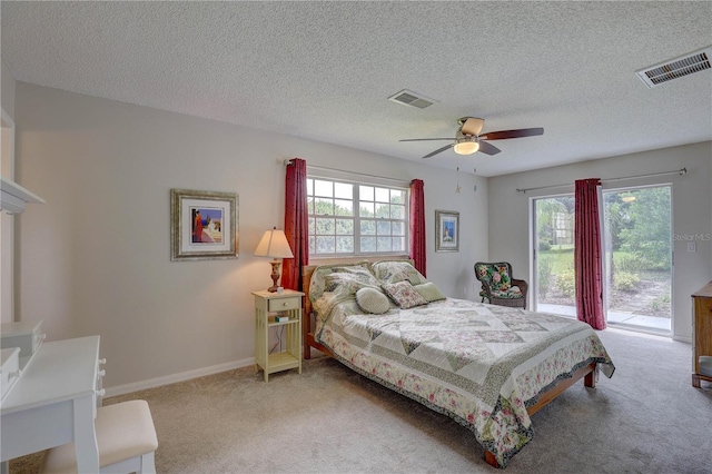13006 Pebble Beach Cir, Hudson, FL 34667 - bedroom with multiple windows, access to exterior, light colored carpet, and a textured ceiling