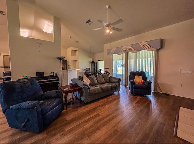 8671 SW 57th Court Rd, Ocala, FL 34476 - living room featuring wood finished floors, ceiling fan, and high vaulted ceiling